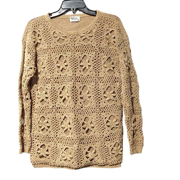 All Points by Reference Point Crochet Knit Front Sweater Round Neck Tan Womens M - Picture 3 of 9